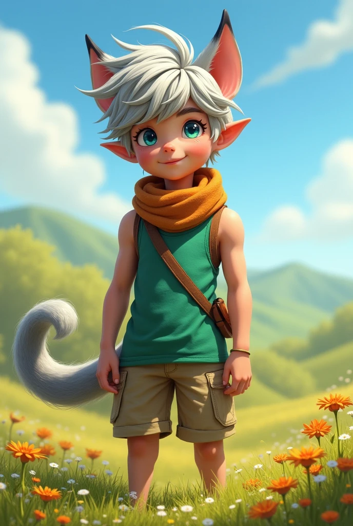  boy, gray hair tinged with white, azure blue eyes, with pointed ears and a furry, curled tail behind him. Wearing a green tank top with a scarf tied around his neck and beige shorts.