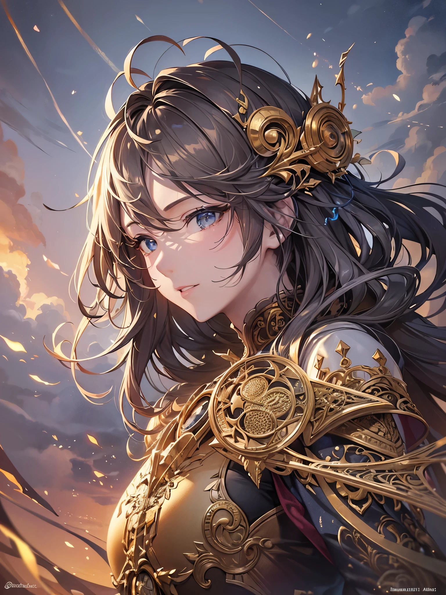 ((Highest quality)),(Ultra-high resolution),(Super detailed),(Detailed Description),((The best CG)),(masterpiece),Highly detailed art,(Art with precise detail:1.5), gold, shine, steel, storm, Light the fire