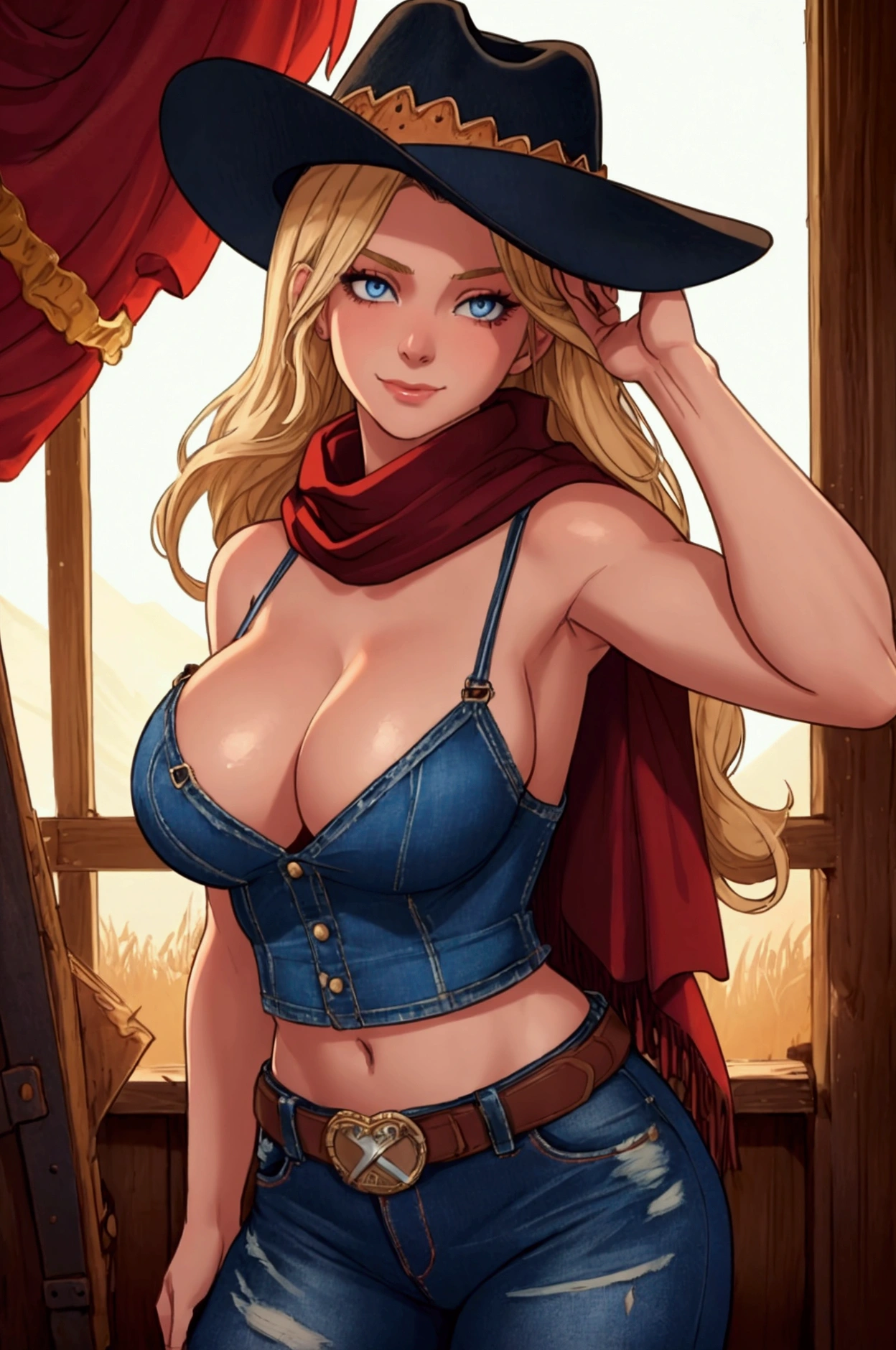 one girl, solo, 18-year-old blonde beauty, pale blue eyes, carefree demeanor, delicate frame, long blonde hair cascades down her back, her hair is framing her heart-shaped face, eyes hold a sparkle of excitement, wonderful smile, (perfect anatomy), perfect hands, perfect face, perfect eyes, cowboy hat, denim fringe detailing jeans, cowboy boots, cowboy hat, Concho belts, tucked in black tank top, cleavage, red scarf, cropped denim jacket, ((Seductive pose)) (cinematic lighting, perfect lighting), (cinematic angle), (vivid colors), very detailed. very high resolution, sunset, realism, farm, 1980s western setting