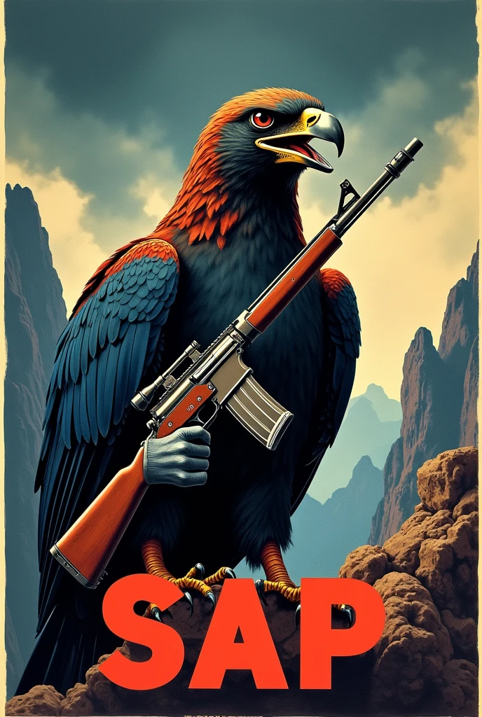 I want a bird holding a gun in a military propaganda style with SAP written underneath.