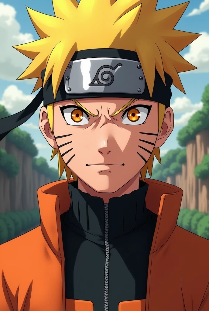 naruto uzumaki, konoha headband, turtle neck jacket with orange minor, orange eye, face full bright, angry face, 3 strip on the sides face, potrait photo, real human