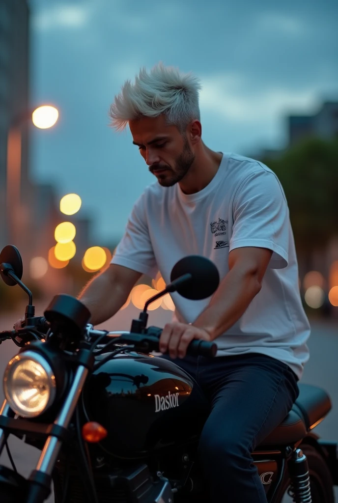 Create an image,of a 34 year old man, white fur,eyes browns,white short-sleeved shirt, Written "instructor" on the left side of the shirt,
head down, thinking about quitting his job, sitting on a black motorcycle.
