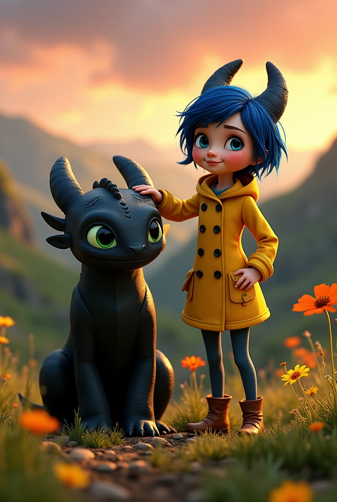 Draw a picture of Coraline from the movie "Coraline and the secret door", and next to it have Toothless from the movie "how to train your dragon"