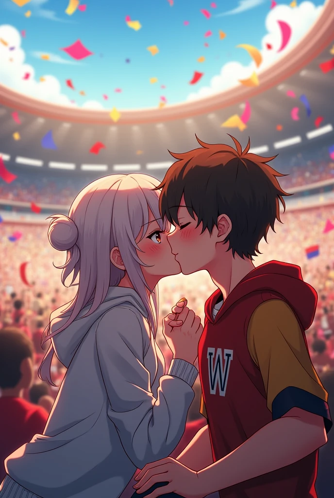 A woman and a man, facing the camera, are sitting in a stadium, kissing. Each is wearing a shirt displaying the initials V and W. Vicky is white, and the woman has a V on her shirt, while the man has a W on his.  The initials should be in anime style. Vicky has brown eyes. The woman has the initial V on her shirt, and the man has the W on his, one initial on each shirt. The woman should be a bit heavier.
