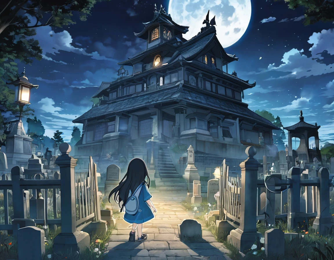 Anime character standing in front of the cemetery at night, Light blue long hair、Twin-tailed Chibi Character、T-shirt with denim overalls、Large chibi character in the center、An old well?、Sadako、Haunted house in the cemetery、Trembling with fear、Screaming in fear、scary scary、Lots of Ghosts、A broken lantern、A fireball is flying、Face Highlights