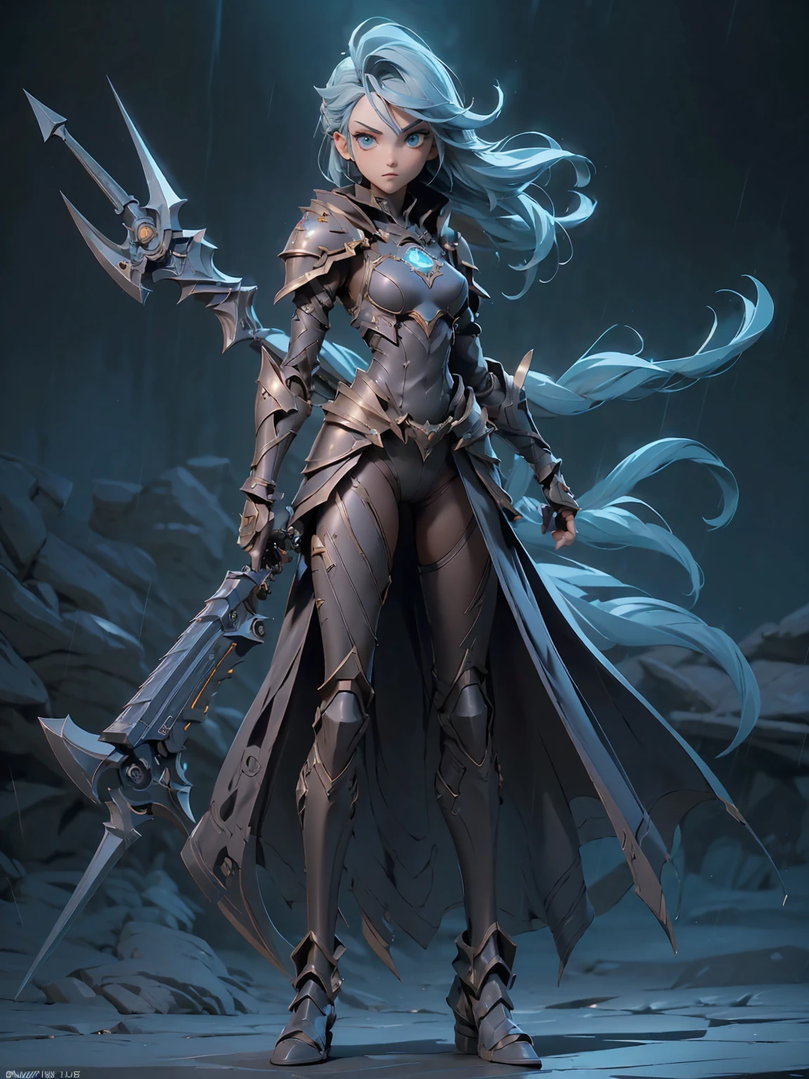 (((masterpiece, best quality, high detailed, 8k))) Design a layout showcase Gaming character, (1girl). Orange+Blue full body armor, stylish and unique. ((showcase weapon:1.4)), lightning rod. (masterpiece:1.2), (best quality), 4k, ultra-detailed. (Step by step design, layout art:1.5), (luminous lighting, atmospheric lighting). storm mage, ((glove full hands)), (((revealing clothes:1.3))), vambraces, armored legwear, (((full_body_shot:1.4))). {During a thunderstorm}