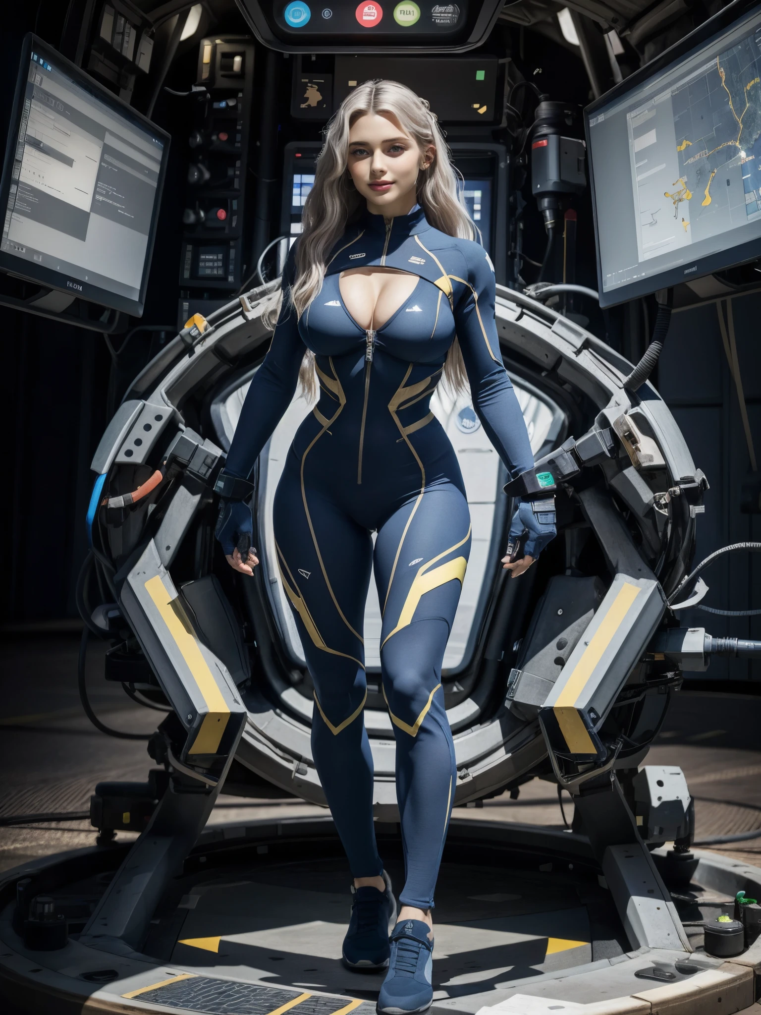 girl wearing bodysuit, BREAK, 1girl, standing, skin tight bodysuit, (gigantic :1.2), intricate complex complicated artwork, very long hair, detailed face, looking at viewer, v-lines, (highest quality, first class, masterpiece:1.3), eternal frail silver hair, blue suit, cleavagblue shorts, cockpit, seat b controller stick, surrounded by monitor, nebula, cosmos,