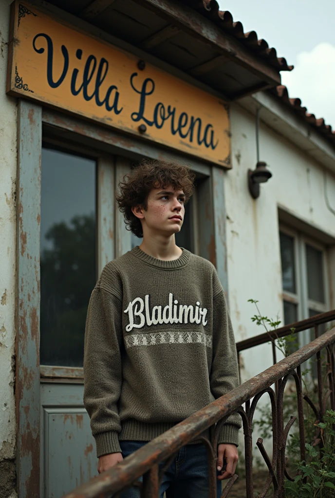 Ask a teenager with acne who is locked on the balcony of an old building., with a sign that says Villa Lorena. Also the teenager's sweater says Bladimir