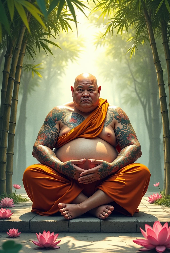 A fat monk, with thinning hair, covered in tattoos all over his body.