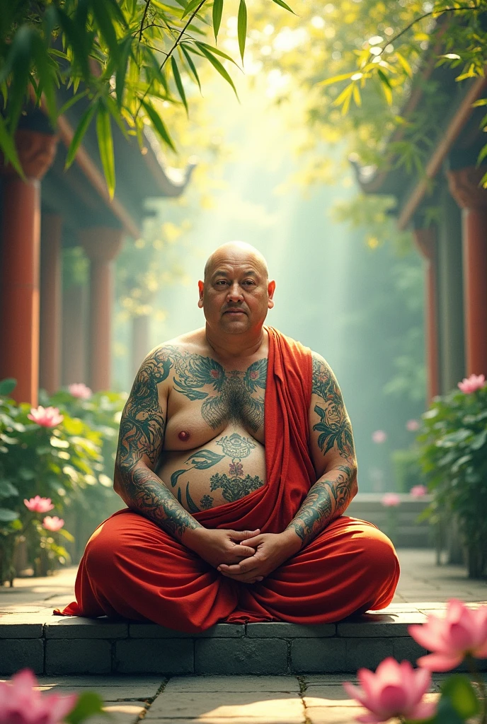 A fat monk, with thinning hair, covered in tattoos all over his body.