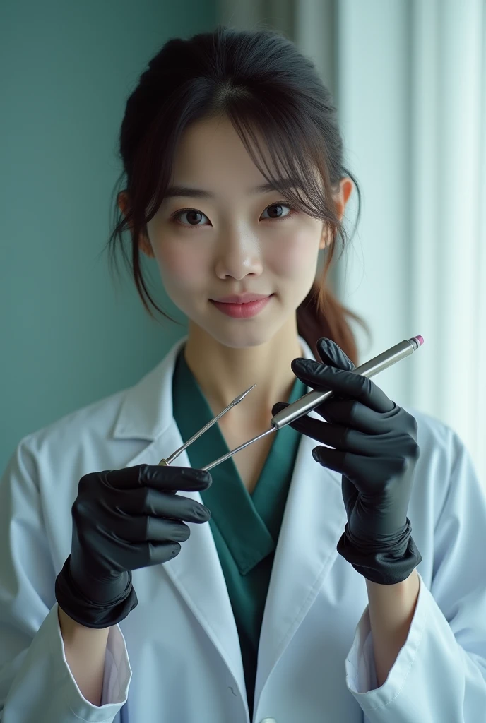 Nsfw. korean gynecologist girl, with very long black latex gloves, instruments, exam patients vaginas, patient horny girl with gloves