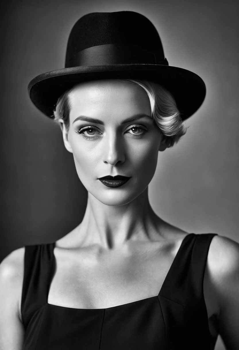 In Berlin, a beautiful woman in her forties in the decadent Weimar Republic era of 1920s Germany, androgynous, with small breasts, perfect makeup, short blonde hair slicked back, she is wearing a black Borsalino hat for  photo Noir style, monochrome with heavy shadows, focus on her beautiful face, professional lighting, and camera.