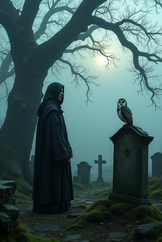 An old cemetery with dead trees with a barn owl and a monk behind a grave