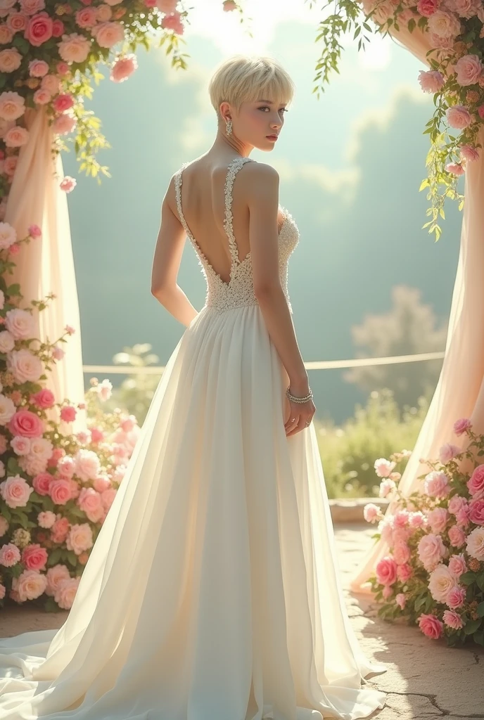 Stray Kids' Lee Felix in a white wedding dress, long, tight to the body, blonde hair with a wolf cut and subtle makeup on his face 