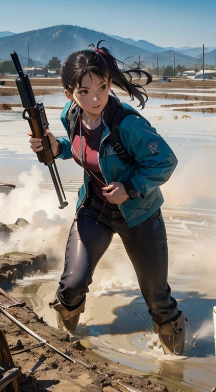 ((Finest quality)),(超A high resolution),(ultra-detailliert),(Meticulous portrayal),((Best Anime)),(Finest works of art),Ultra-Precision Art,The art of astounding depiction,Overwhelming depiction:1.5, top quality action movies:1.5, Gun Action:1.5, (1 adult female:1.5),body covered in mud and dust:1.6,income, Smoke