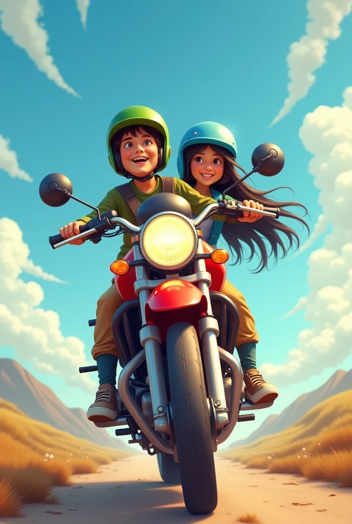 a boy and a girl traveling on a red adventure motorcycle.  The boy is driving the motorcycle.  The boy has a green helmet.  The girl has a blue helmet.  the girl has long black hair. the motorcycle moves from left to right of the image