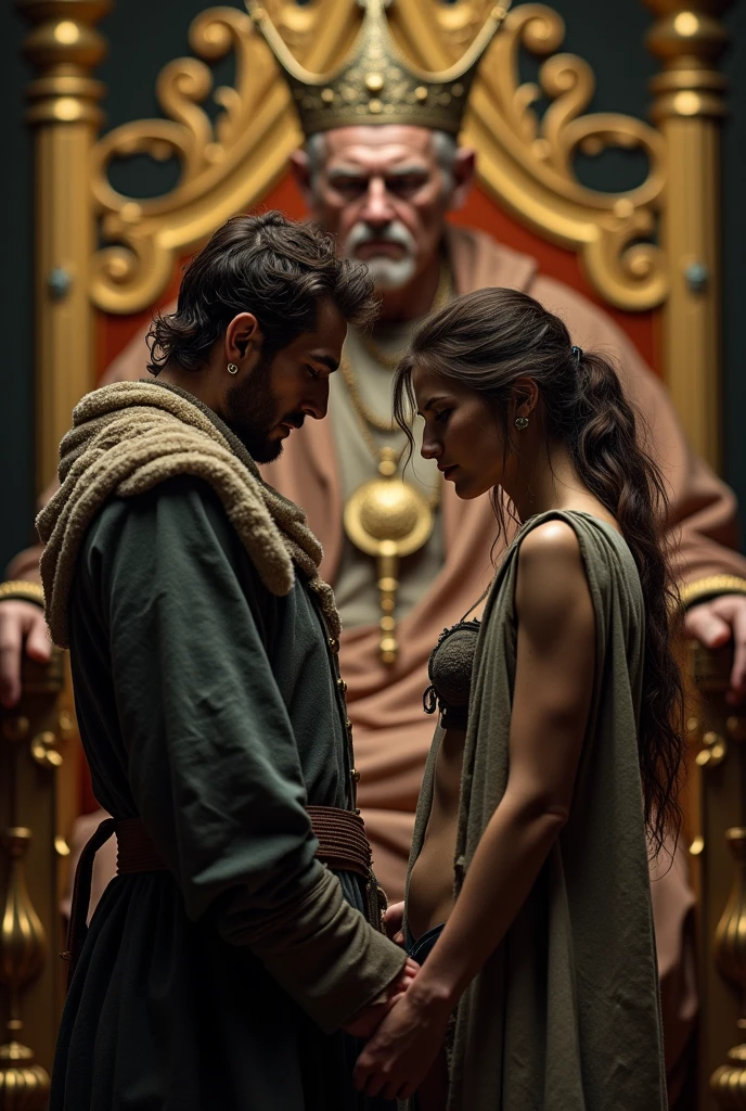 Magnificent detail, 8K Photos, hyper- realism, realistic background, visual depth, wide angle lens, professional lighting, rey a frente. Couple photo in the background. King blurred in the back {LnF [rey] looking ahead a couple composed of a [naughty man] A peasant and a [Woman] pobres que estão lado a lado, holding hand, virados de frente para o rey.} {or casal tem um [naughty man] dressed as a peasant, pobres, grimy, with an expression of sadness, desolated, looking at the floor.} {or [naughty man] turned towards [rey], está holding hand a sua [Woman], que está ao seu lado direyto.} {a [Woman] She is beautiful, pobres, messy hair armed. apesar da pobresza, a [Woman] She is very beautiful and attractive, his body has beautiful curves, delicious, mackerel.} {a [Woman] she's turned towards [rey], shedding a coat like an overcoat, showing off their sensual lingerie that partially shows breasts and groin.} {a [Woman] She has a sexually submissive expression.} {or [rey] She is 36 years old, bonitas, usa um manto típico de rey, wears a beautiful crown. He's sitting on the throne, adorned with gold, conveying an image of extreme power.} devotion. sensual photo. adult content.
