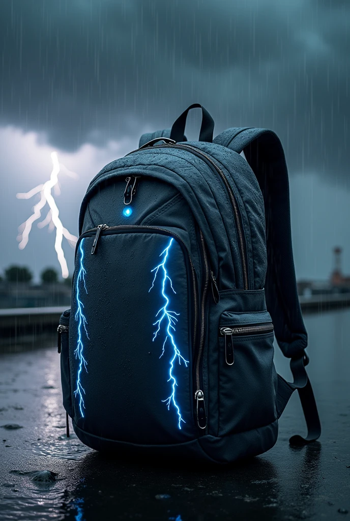 A backpack that contains or carries as a representation the rain and lightning in gray