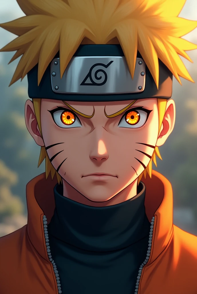 naruto uzumaki, realistic, konoha headband, turtle neck jacket with orange minor, orange eye, face full bright, angry face, 3 strip on the sides face, potrait photo, real human