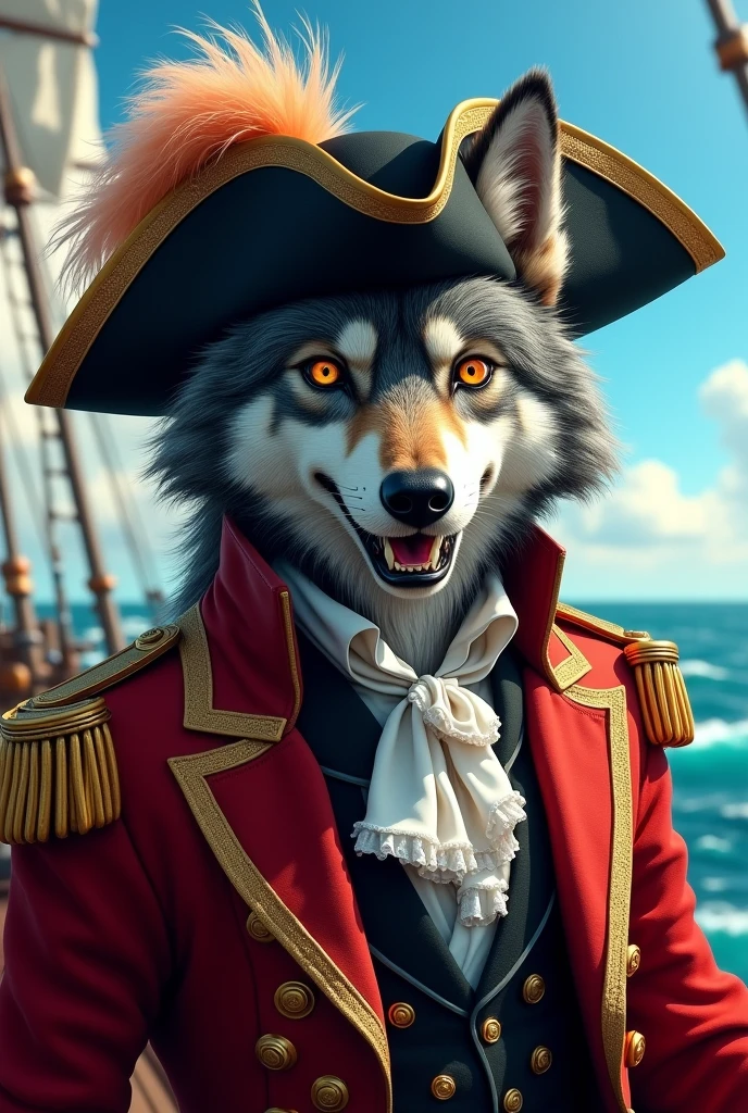 (Furry art, uploaded on e621: 1.4), Werewolf, grey and black fur, intense golden eyes, black pirate hat with peach feathers, red baron jacket with gold buttons and gold shoulders over a black shirt and a white frill tie, crab-like fangs and shell, masterpiece, best quality, (detail background), background sea, on on a pirate ship, (detail body), (perfect pulpils), standing, (masterpiece), (best quality), (ultra-detailed: 1.0), cool pose, (Clear, shiny:0,8), (1boy, solo), (solo_focus), detail fluffy fur, natural lighting, (male), anthro, (upscaling ratio: 2.10), detail background, perfect sky, detail fur, topless.