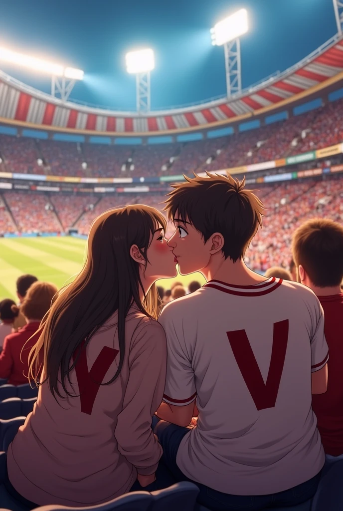 A woman and a man, facing the camera, are sitting in a stadium, kissing. Each is wearing a shirt displaying the initials V and W. Vicky is white, and the woman has a V on her shirt, while the man has a W on his. The initials should be in anime style. Vicky has brown eyes. The woman has the initial V on her shirt, and the man has the W on his, one initial on each shirt. The woman should be a bit heavier.