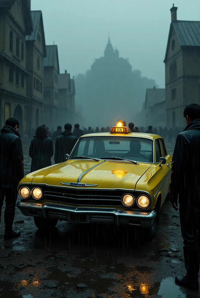 (best qualityer,4K,8k,highres,master part:1.2), ultra detali, (realisitic,Fotorrealisitic,fotorrealisitic:1.37), tenebrosa, natta, falling, ladder, YELLOW taxi, chevrolet opala, black clothing, blackquality hair, grimdark, Raby, rainny, Raby forte, ray tracing, older, muddy ground, black forest, people around the taxi, man inside the taxi scared, ruined buildings around