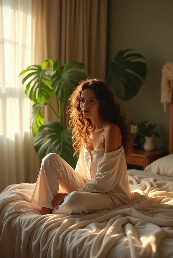 (photorealism:1.2), beautiful woman, sitting on bed, wearing loose off-shoulder top, pajama pants, long curly hair, indoors, soft lighting, plants in background, window with sunlight, cozy room, relaxed pose, realistic, intricate details, warm colors, by Greg Rutkowski, by Alphonse Mucha
