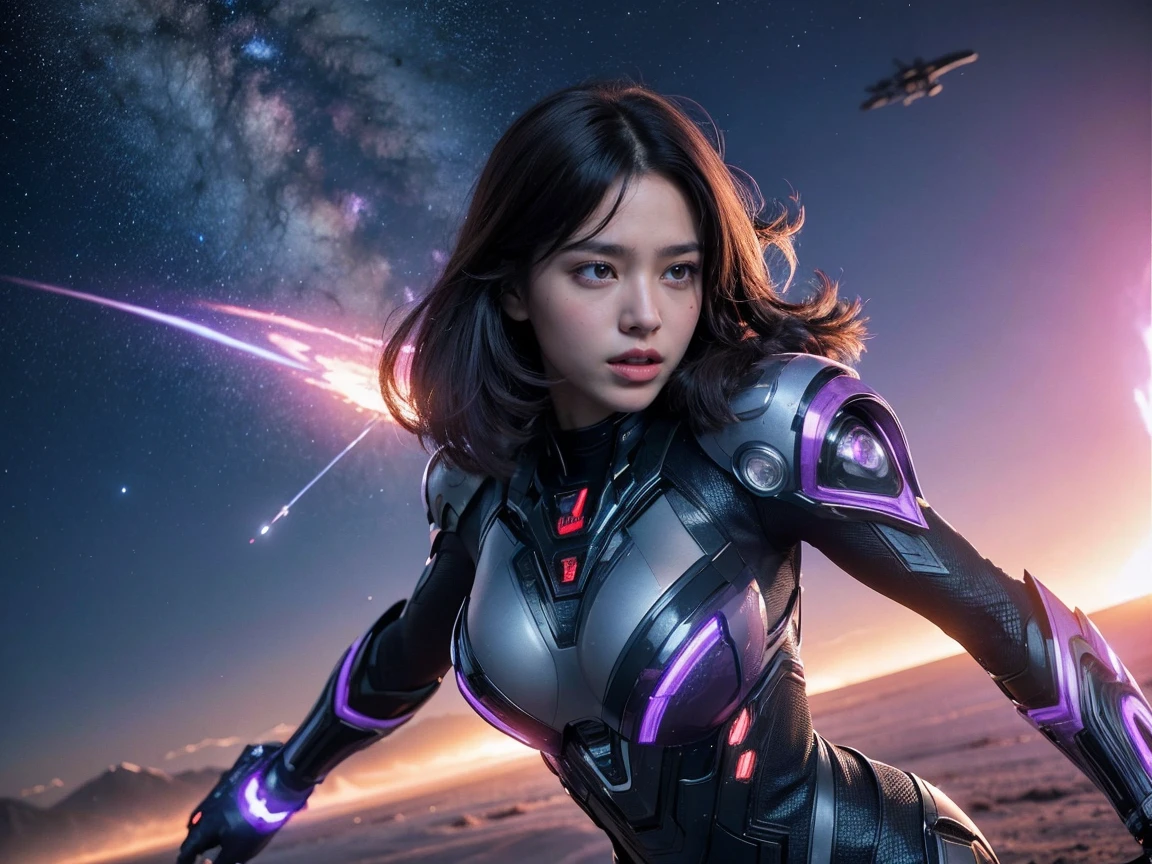 (RAW Photos, Highest quality), (Realistic, Photorealistic:1.3), 1 person、Female Warrior、Realisticbody、Purple battle costume、Meteor warrior flying from space、Fighting the reptilian aliens、shield、Reflective Laser、smile、Energy release、Star Destruction、Space debris、Outer Space、prominence