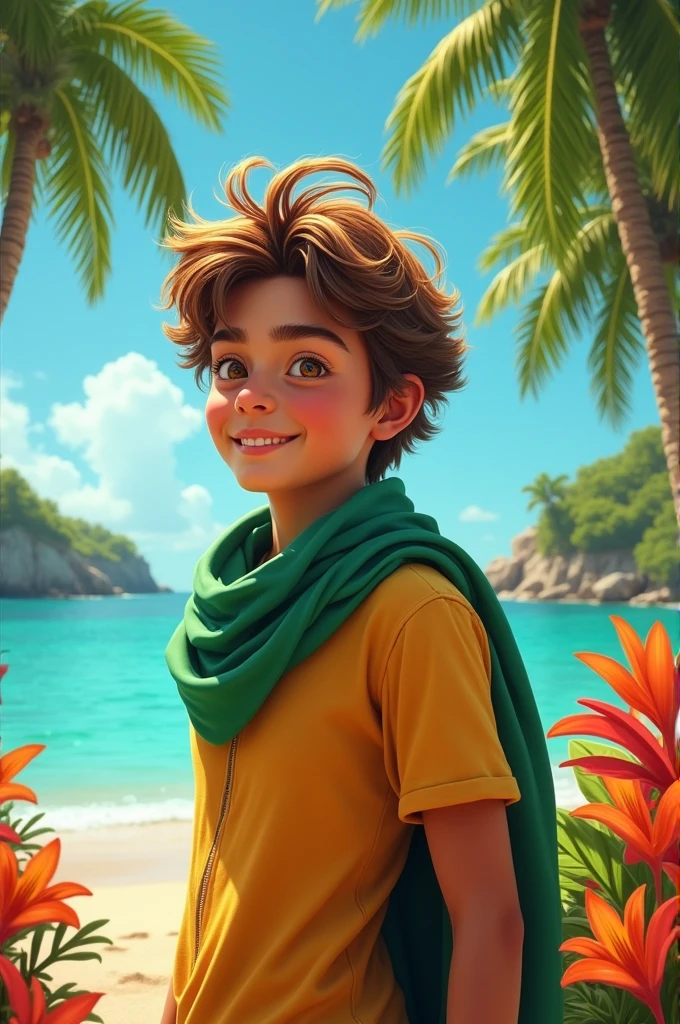 tropical ager, ages 15-17, mischievous, brown hair, brown eyes, honey colored skin, green cowl, adventurer.