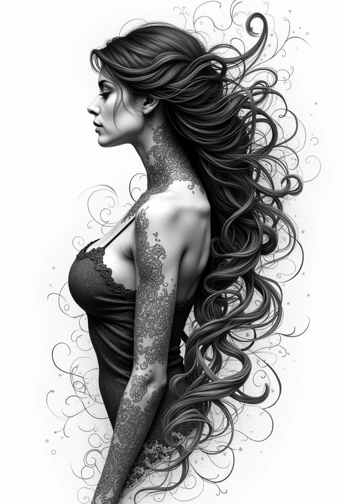 A blackwork style drawing of a woman turned with her face to the right