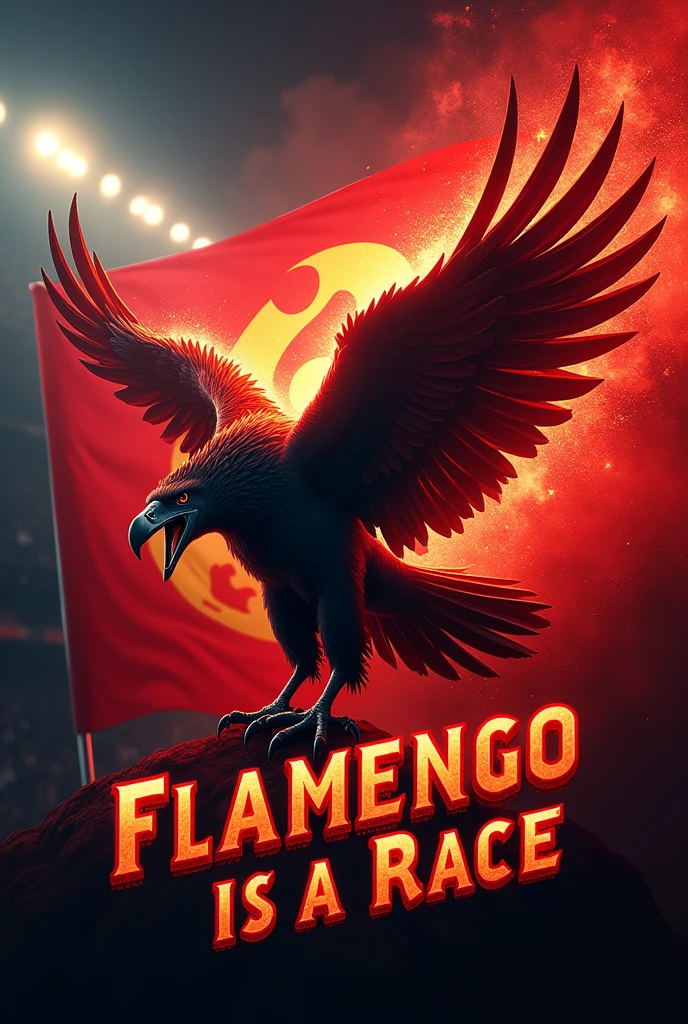 Flag of the Falmengo football club with exuberant lights, with an image of a fierce vulture screaming the Phrase "Flamengo is a race". realistic drawing of a fight