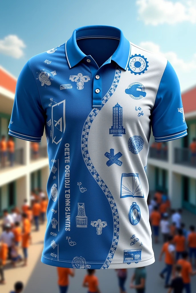 A blue and white polo shirt with a gear, building, robot, transportation, tire, and Vishnu. The words 'SURATTHANI TECHNICAL COLLEGE' are printed vertically down the left side of the shirt.
