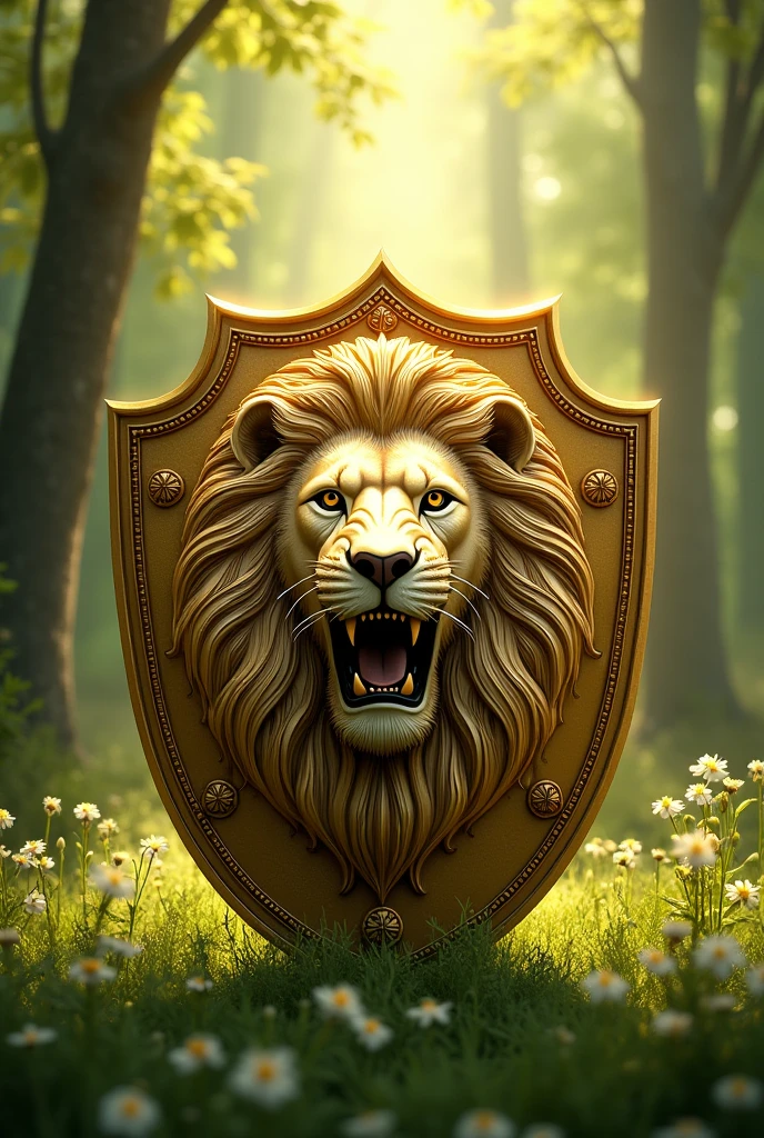 golden shield, white and dark yellow, from the head of a roaring lion