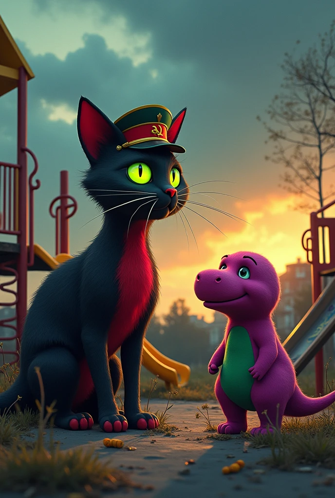 Soviet cat shoots laser beams from its eyes at Barney, killing him.