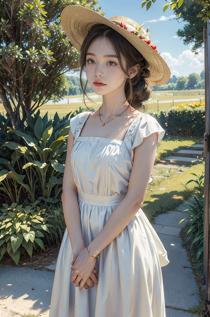 (((best quality))),(((ultra detailed))),(((masterpiece))),illustration, girl cycling down a country road, sun beating down, warm glow,a beautiful young girl, light blue sundress, flowing gracefully,short ponytail, wide-brimmed straw hat, protected from sunlight, fair skin, bright green eyes, lush greenery, calm and serene face, effortless cycling, vintage bike, shiny chain, bright red tires, well-cared-for, narrow winding road, lush green grass, cornfields, golden cornstalks, gentle breeze, sweet scent of corn, sound of birds chirping, small village, white-washed houses, red-tiled roofs, smoke from chimneys, relaxing, peacefulness of the countryside, summer's day, tranquility,