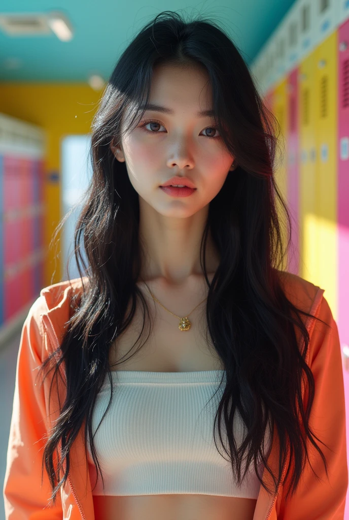 (masterpiece,Highest quality:1.4),(8k,RAW Photos,Photorealistic:1.2),Ultra-high resolution, ,(Glowing Skin:1.4),Detailed skin,Detailed face,Detailed eyes,(Beautiful and shining eyes:1.2),Symmetrical eyes,Detailed ears,One person,Natural Makeup,Fat high school girls,(((Japanese Idols))),(Japanese Face),Detailed Background,Vivid background,Beautiful and shiny hair,18-year-old,((Teenage breasts)),,(Detailed School uniforms popular among Japanese high school girls),,((Sharp Face)),Natural light,,(Very detailed ,Trend design for 2024,online shopping,LUMINE® Market,),Trendy hairstyles,black_hair,long_hair,Upper Body,Instagram Style,(Detailed girls' locker room at school,,Location was great.),