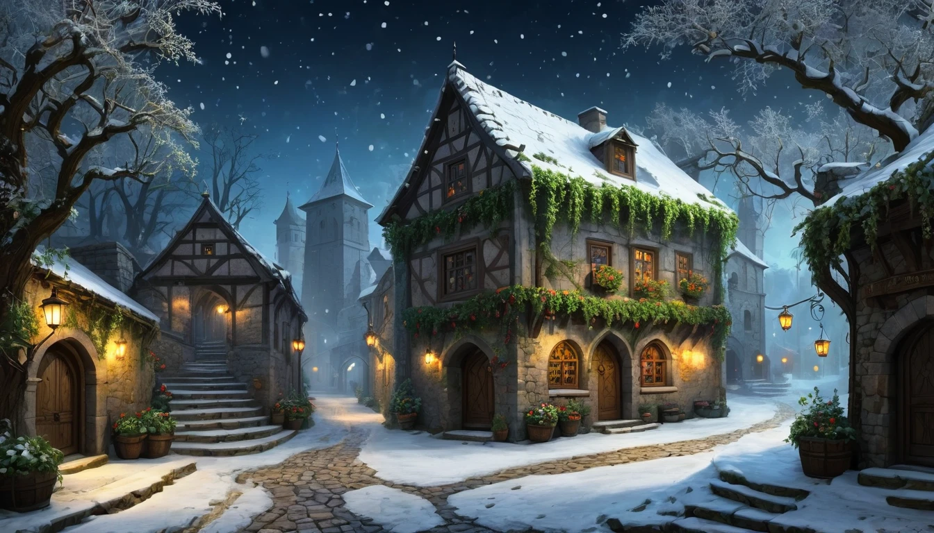 illustration, fantasy and magic World, Snowfall, Villagers, downtown of medieval city, landscape. background with market, tavern, stone road. night time, There are vines growing on the walls of the building