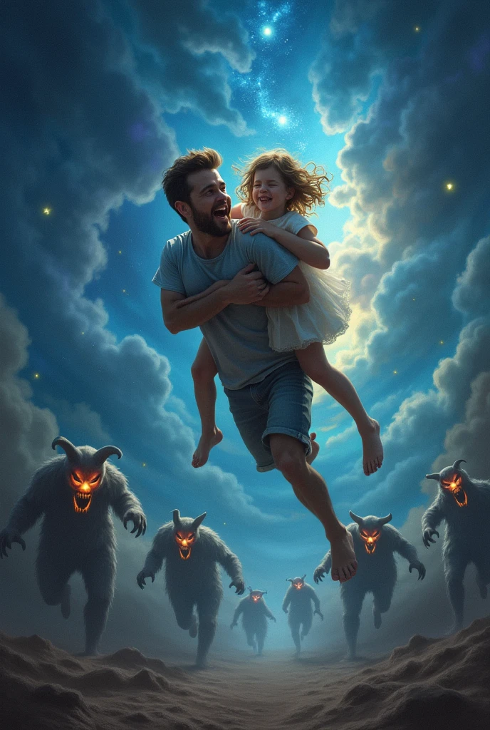 Man with his daughter in his arms flying in a dream where demons chase them