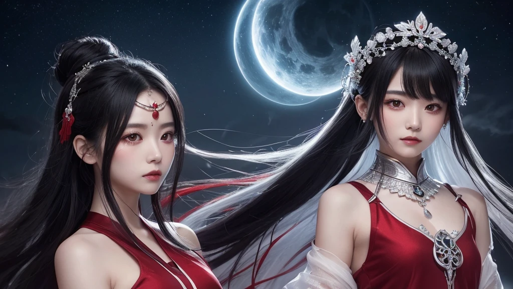 A delicate and lovely ancient goddess with lustrous black hair. She wears a white and red miko wear  and a simple silver hair mixture. The background is a fantastic and ethereal night sky, as if possessed by a specter. Her expression is stern and atmospheric.