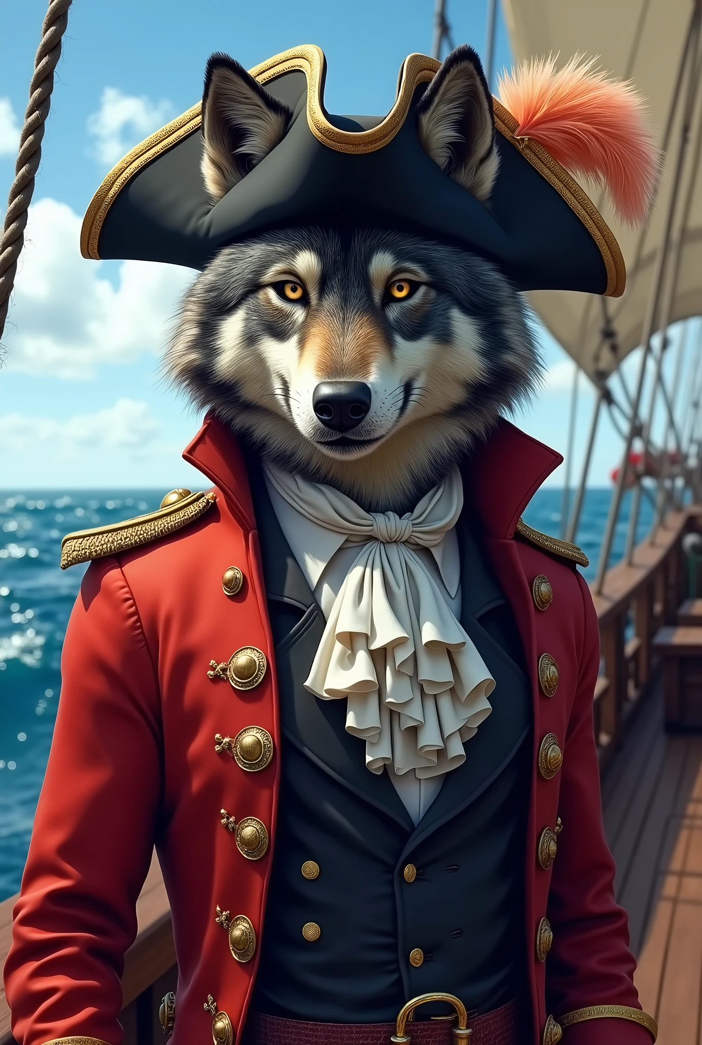 (Furry art, uploaded on e621: 1.4), Werewolf, grey and black fur, intense golden eyes, black pirate hat with peach feathers, red baron jacket with gold buttons and gold shoulders over a black shirt and a white frill tie, crab-like fangs and shell, masterpiece, best quality, (detail background), background sea, on on a pirate ship, (detail body), (perfect pulpils), standing, (masterpiece), (best quality), (ultra-detailed: 1.0), cool pose, (Clear, shiny:0,8), (1boy, solo), (solo_focus), detail fluffy fur, natural lighting, (male), anthro, (upscaling ratio: 2.10), detail background, perfect sky, detail fur, topless.
