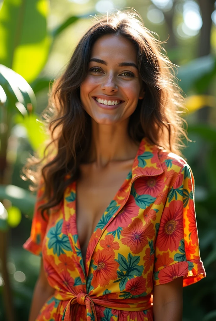 A Brazilian woman in a lush tropical garden, wearing an open shirt with a floral print, with a close-up capturing the harmonious beauty between her breasts and the natural flowers, showing off your natural charm and outgoing personality.