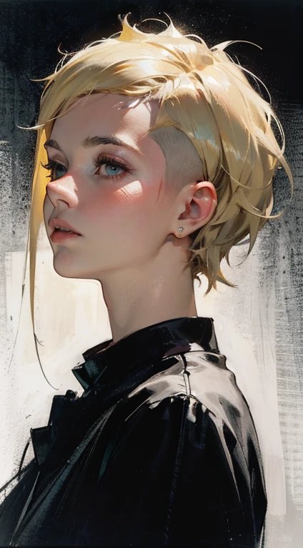 a 20 yo woman, blonde, (hi-top fade:1.3), dark theme, soothing tones, muted colors, high contrast, (natural skin texture, hyperrealism, soft light, sharp)