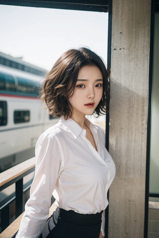 solo, masterpiece, High resolution, High detail, Highest quality, Very detailed, Ultra high definition, Textured skin, Black Hair, Medium Hair, Curly Hair, chest, Close your mouth, Background blur, realism, Surrealism, Beautiful Office Lady,White shirt,Station platform