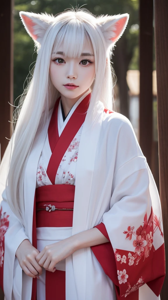 White Demon Fox、Nine-tailed Fox、Japanese women、kimono、Fair skin、Red lines on face、8K、I have long hair