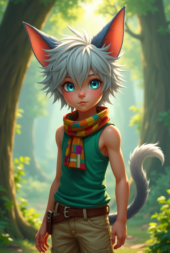 Checkpoint 10-year-old boy, gray hair tinged with white, azure blue eyes, with pointy dog ears and a furry, curled tail behind him. Wearing a green tank top with a scarf tied around his neck and beige shorts.