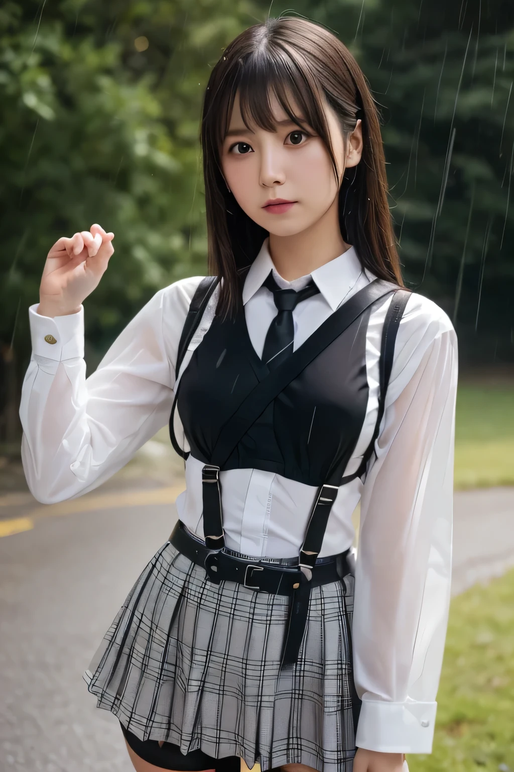1 female, , high quality, masterpiece, Ultra-high resolution, Cinema Lighting, 1 female, , high quality, masterpiece, Ultra-high resolution, , Cinema Lighting, suspenders　　　Moderate breasts　 　 　　　　　 　　　　Small face　 　　　　　　　　　　　Looking up　　　　Sweat 　　　Thin belt　buzzer　脇Sweat 　　　　 　garter belt　　Belt on pants　　holster　 　　Hands behind your back　 　Looking up　Anxious face　Knee-high　Knee socks　Knee-highソックス 　garter　ふとももにgarter belt　Checkered mini skirt　 　　Panty shot　Skirt gap Armament　　　holster　holster 　　Hands behind your back　 Anxious expression　　Anxious face, legs apart　Armament　　Leg Holster　holster　See-through clothing　heavy rain　Rain-soaked dress shirt,Moderate breasts　ガーターbelt　suspenders　Garter on the thigh　Checkered mini skirt　Looking up　Pause　belt　Armpit sweat　Hands behind back　Raise your hands