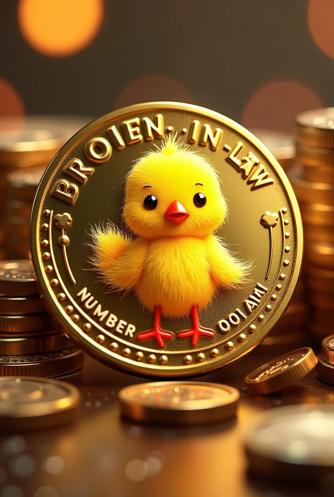 A coin with a cartoon chick logo engraving in gold cartoon style children's drawing, brother-in-law number 001, Bitcoin style lighting, realistic texture, high resolution, comely, highest quallity, work of art , highly detailed