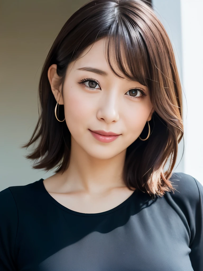 RAW Photos、masterpiece、Highest quality、Realistic、超High resolution、High resolution、16k wallpaper、Very detailed、Finer details、Cinema Lighting、In front of a white wall outdoors、In front of a white wall、50-year-old woman、Plus Size、Realistic Skin、Natural skin texture、((Dark Eyes))、A shy smile、(Medium Short Hair)、Grey dress、Grey dress、Yoshitomo Nara, shikamimi, Chiho, mayuri shiina, Real mature gravure idol, beast, , Kotegawa Yui, 8k、narumi kakinouchi
