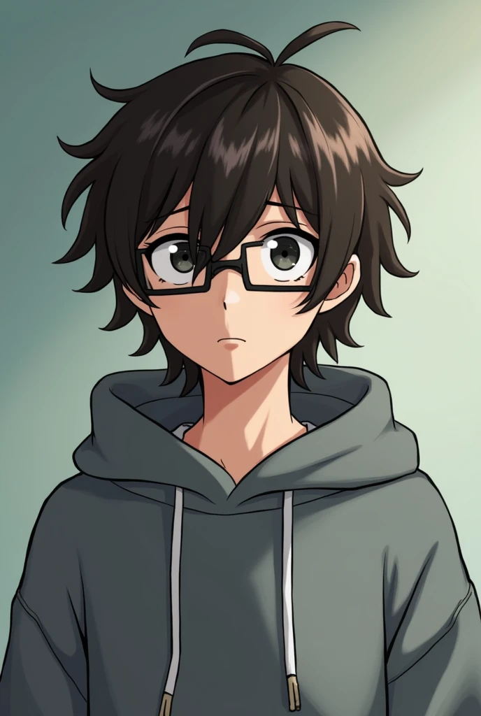 A young adult male looking reserved and nervous. Medium length brown hair. Rectangular glasses. Black eyes. Thin insect-like antennae on his head. Headshot. My Hero Academia. U.A. Student. Wearing a large grey sweater.