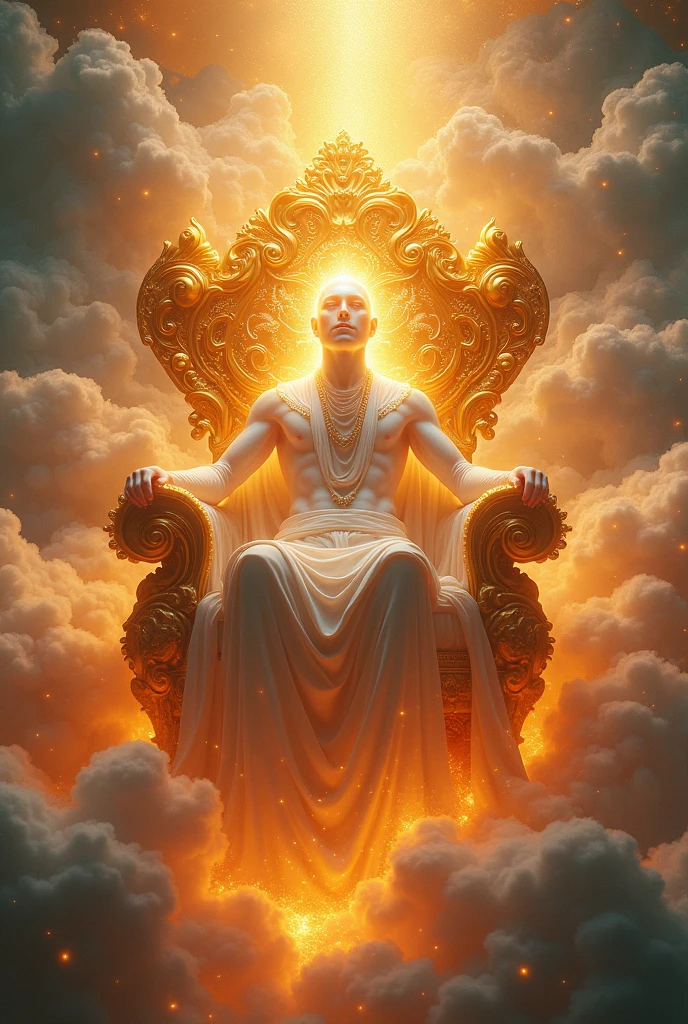 Human-shaped being of bright appearance sitting with imposing aspect on a golden throne, all this in the heavens. The throne beneath has flames and the clouds of heaven surround both. 